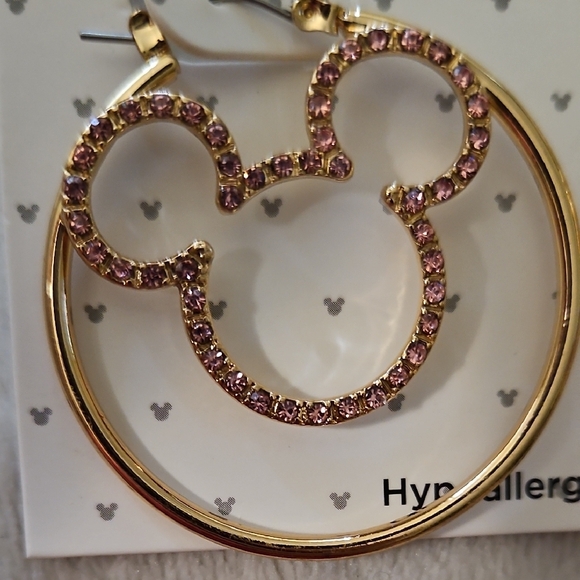 Disney Mickey Mouse Silhouette Hoop Earrings Gold Tone Enamel Pink Gems Clicktop - Picture 4 of 4